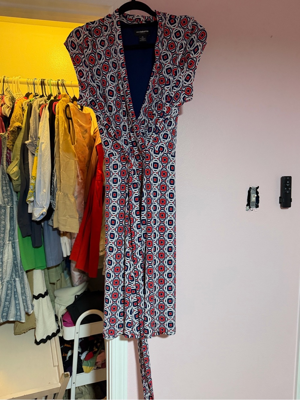Liz Claiborne Navy, Red & White Geometric Wrap Dress